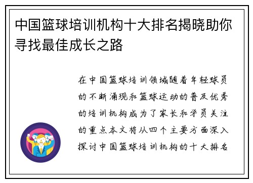 中国篮球培训机构十大排名揭晓助你寻找最佳成长之路