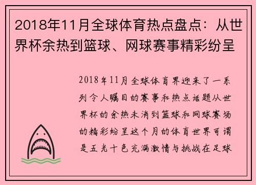 2018年11月全球体育热点盘点：从世界杯余热到篮球、网球赛事精彩纷呈